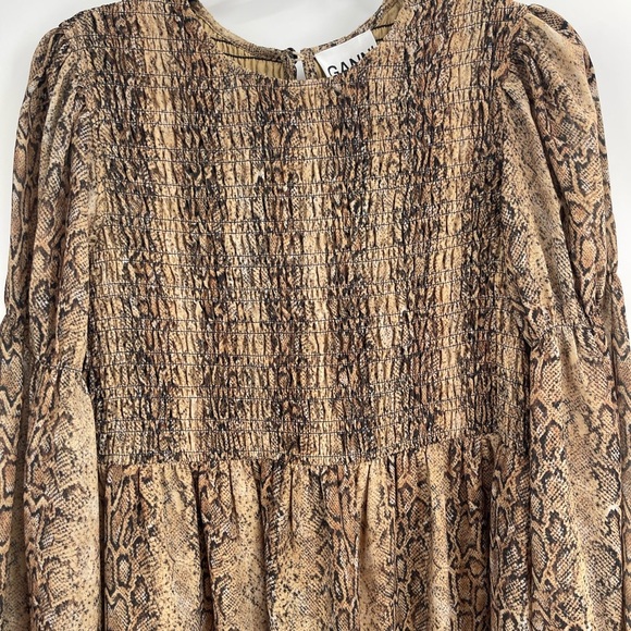 Ganni Long Sleeve Smocked Dress Light Brown Snakeskin Print Size 38 Us Size 6 - Picture 4 of 13